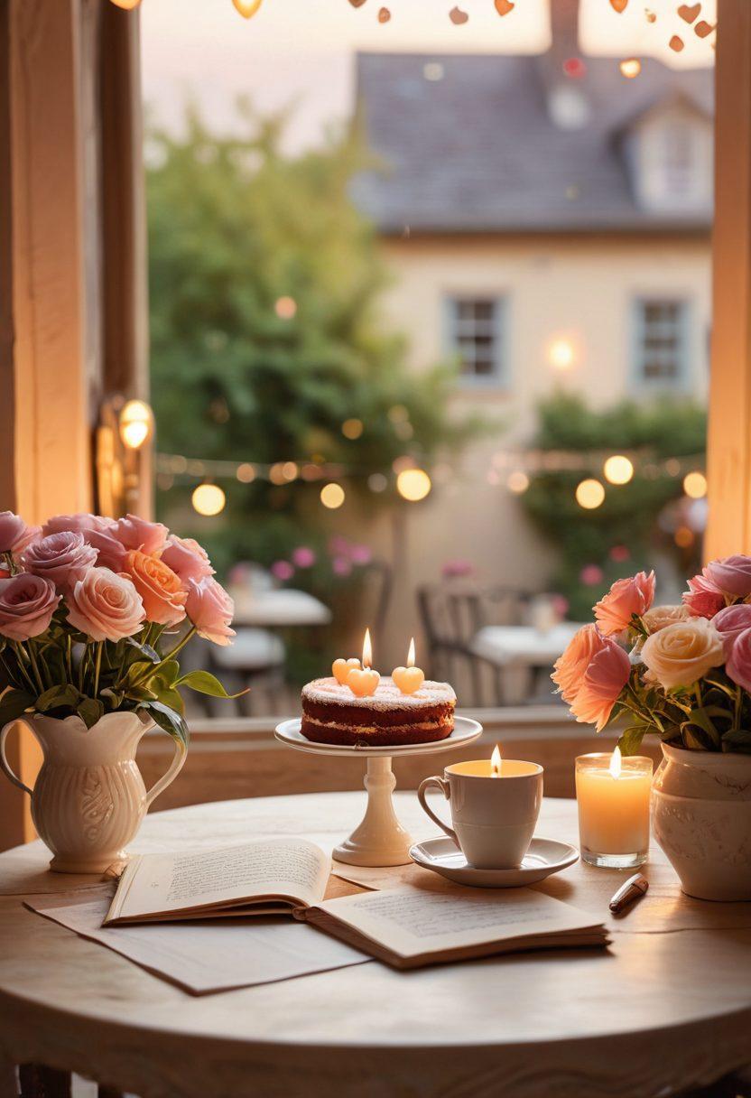 A cozy café scene with a couple sharing a playful conversation, surrounded by blooming flowers and soft candlelight, conveying warmth and connection. Showcase elements of a date, like a small heart-shaped dessert and a playful fluttering note. Infuse a dreamy atmosphere with pastel colors and subtle bokeh effects in the background. warm, romantic colors. soft focus.