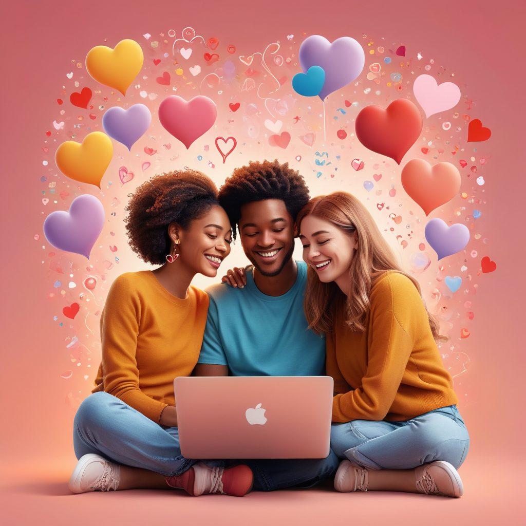 A vibrant, digital illustration of a diverse couple connecting through a laptop, surrounded by floating hearts and chat bubbles. Include elements of romance and technology, with a cozy ambiance represented by warm lighting and soft colors. Emphasize the theme of online dating with icons like matchmaking symbols and romantic emojis in the background. The scene should evoke a sense of hope and connection. colorful illustration. warm tones. modern style.