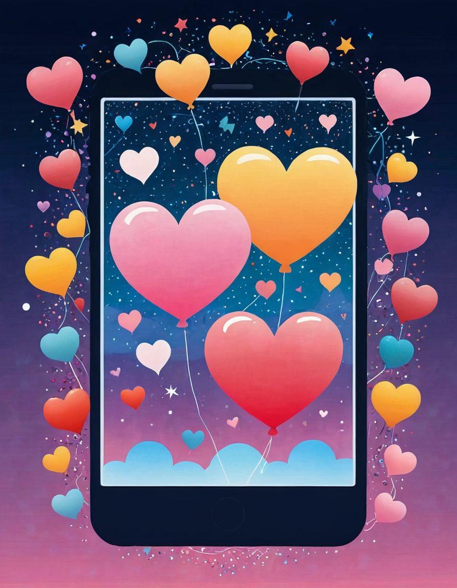 A romantic scene featuring two connected digital hearts emerging from a smartphone, surrounded by icons representing different dating apps and emojis of communication. In the background, faint silhouettes of diverse couples share joyful moments, transitioning from casual encounters to deeper connections under a starry night sky. Soft pastel colors create a warm and inviting atmosphere. vibrant colors. digital art.